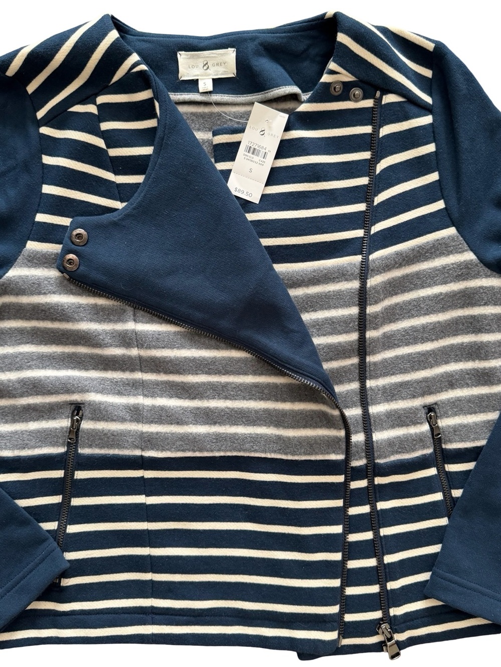 Lou & Grey Navy and Gray Women’s Soft Striped Moto Jacket Size S, NWT - Picture 2 of 6